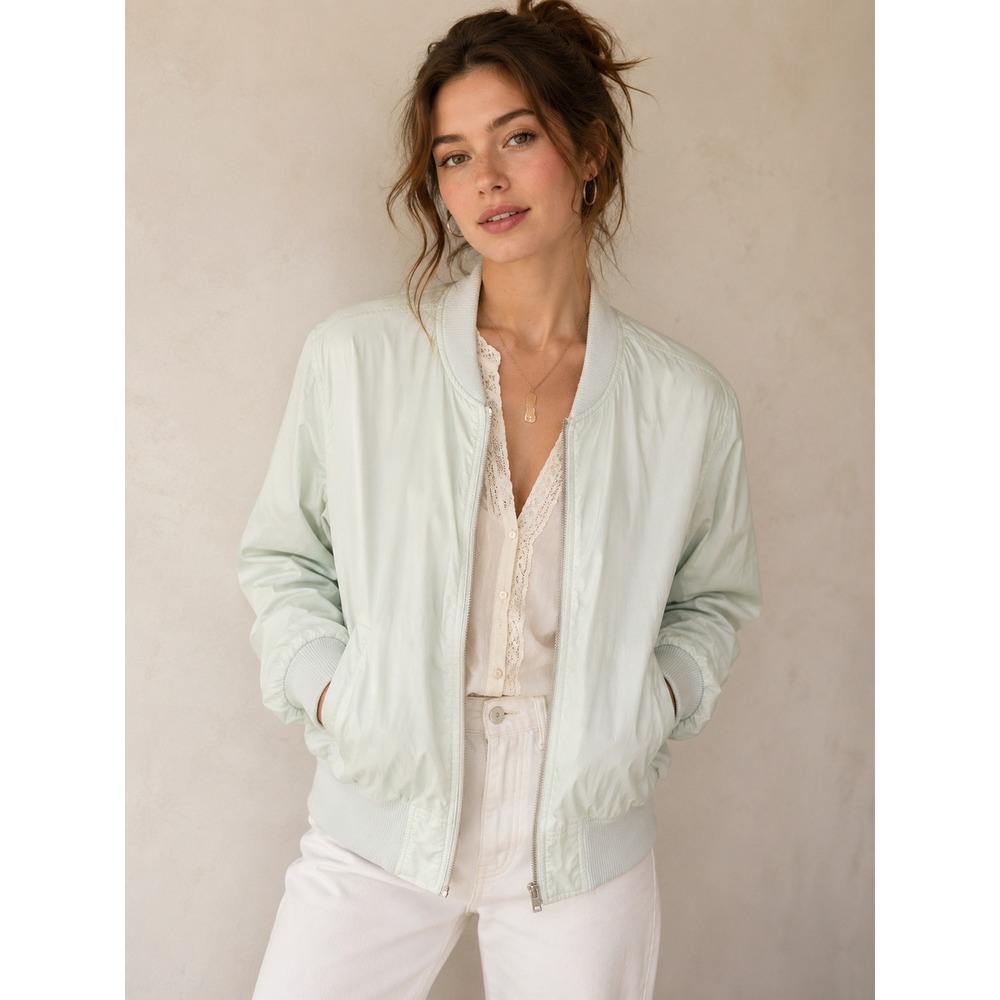 Hei Hei Anthropologie Mint Green Full Zip Bomber Jacket Medium Ribbed Trim